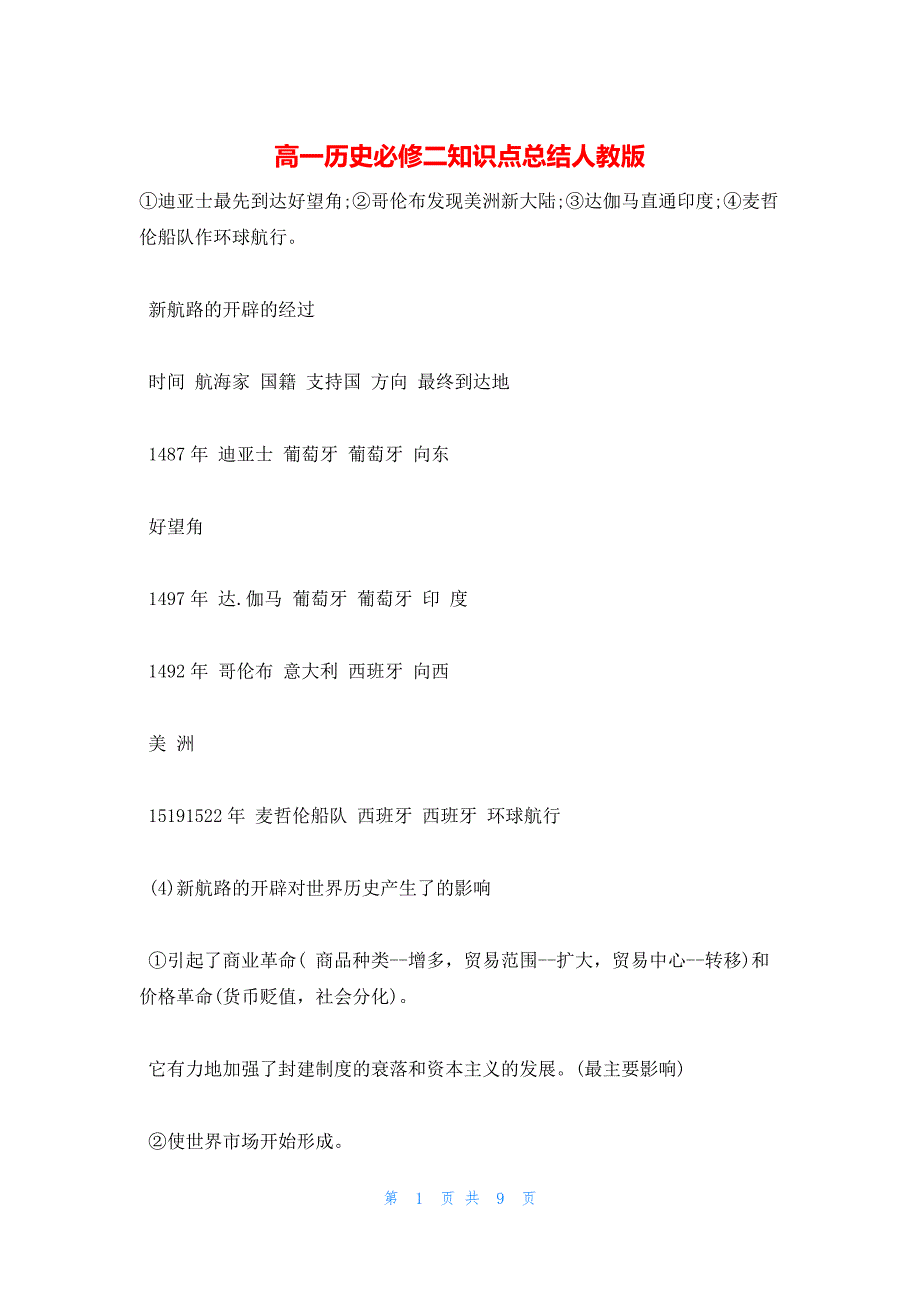 2022年最新的高一历史必修二知识点总结人教版_第1页