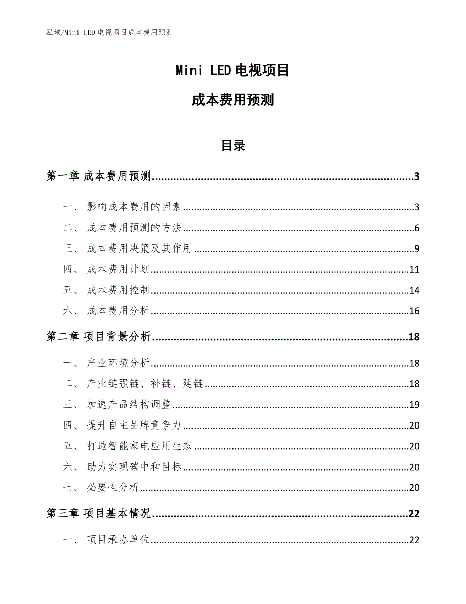 Mini LED电视项目成本费用预测_参考_第1页