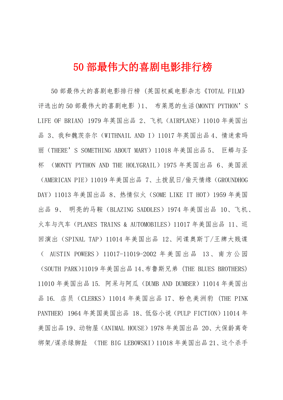 50部最伟大的喜剧电影排行榜_第1页