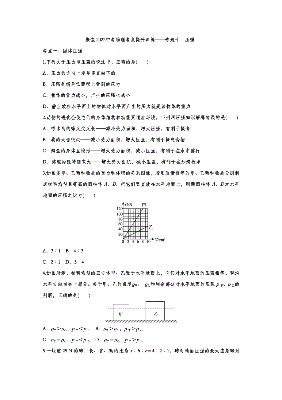 2022中考物理考点提升训练专题十：压强_第1页