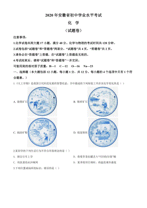 精品解析：安徽省2020年中考化学试题（原卷版）