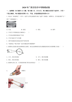 精品解析：2020年广西百色市中考物理试题（原卷版）