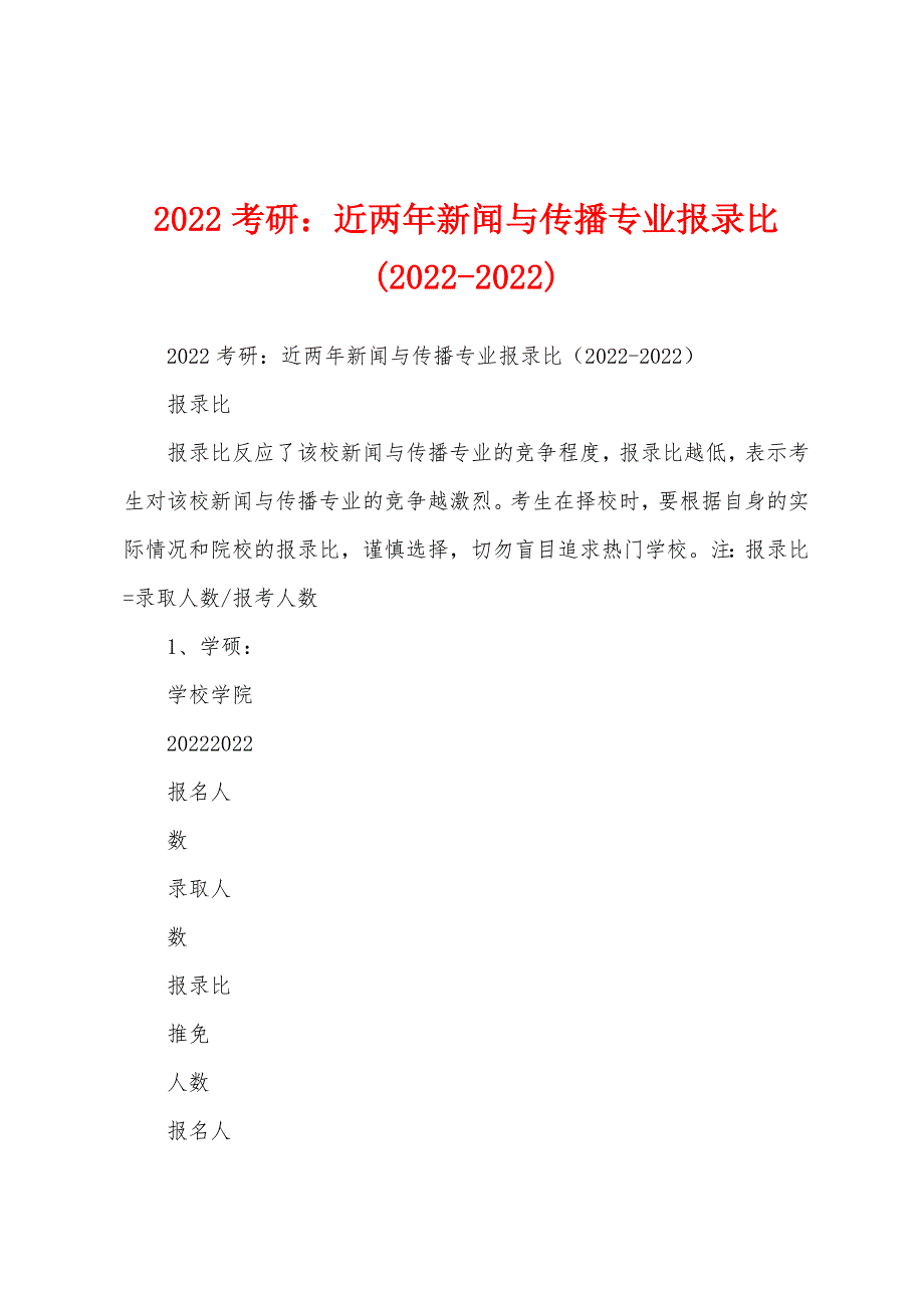2022考研：近两年新闻与传播专业报录比(2022-2022)_第1页