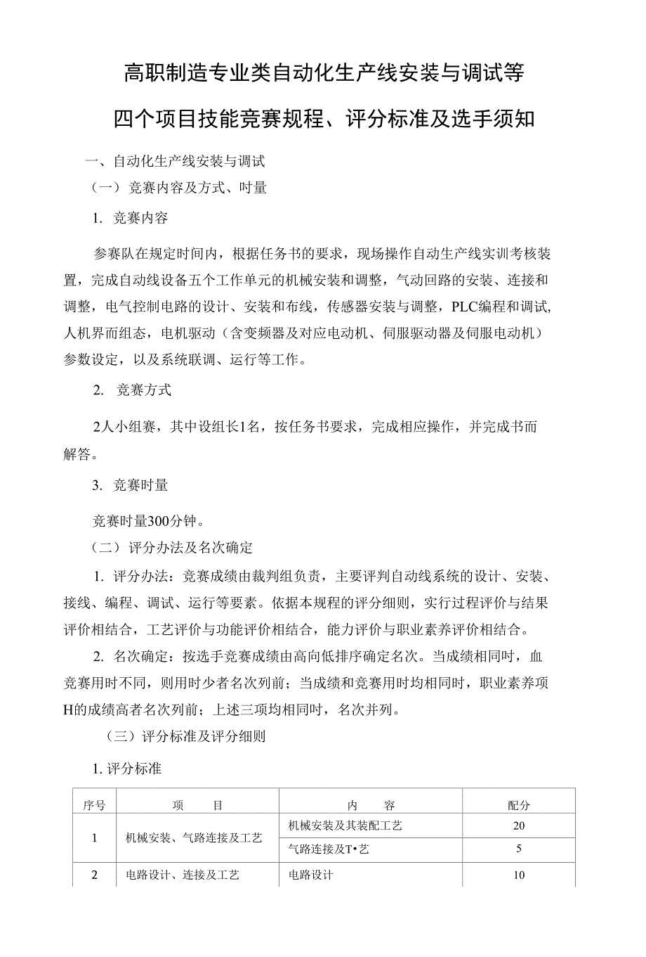 高职制造专业类自动化生产线安装与调试等四个项目技能竞赛规程、评分标准及选手须知_第1页