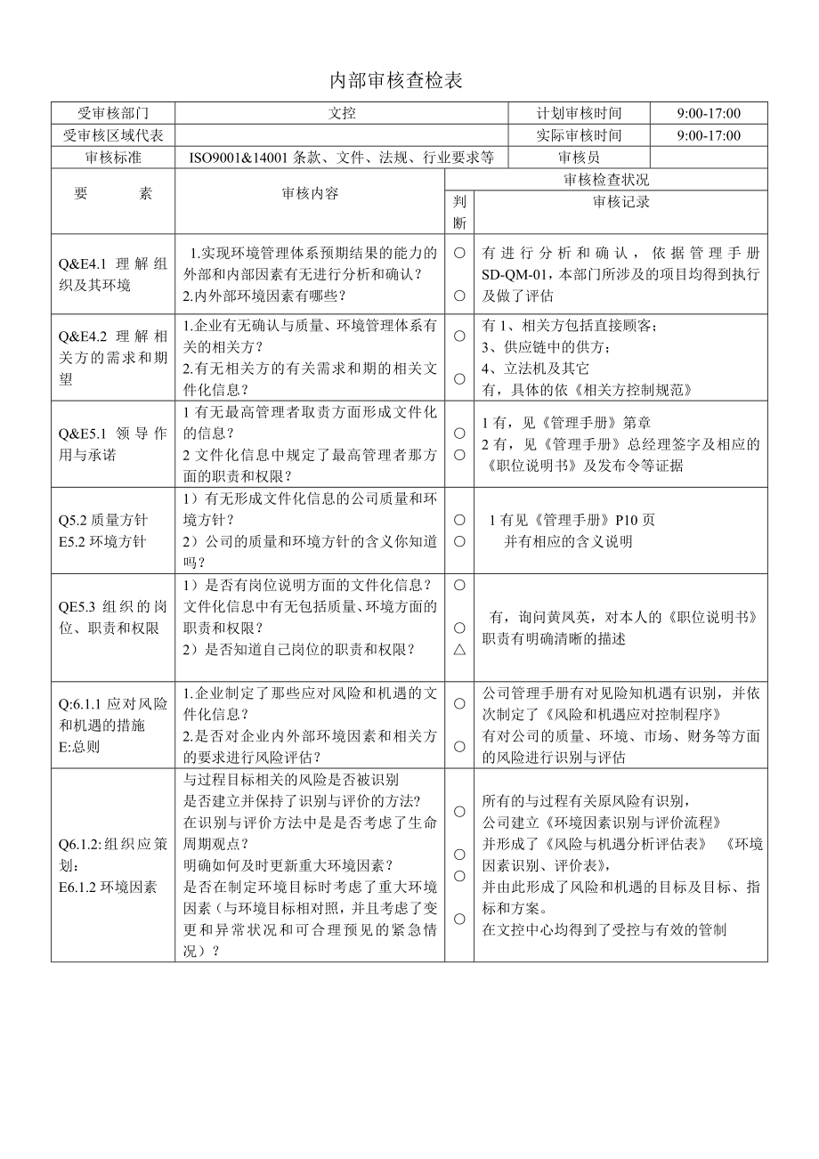 ISO9001和14001内审查检表(品质文控）_第1页