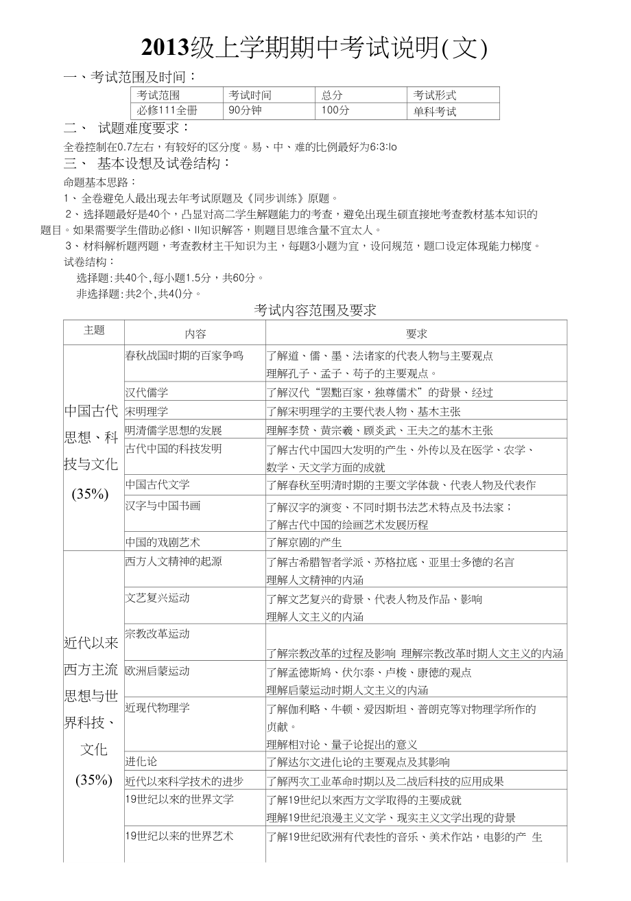 高二上学期期中考试说明(高二历史文科)_第1页