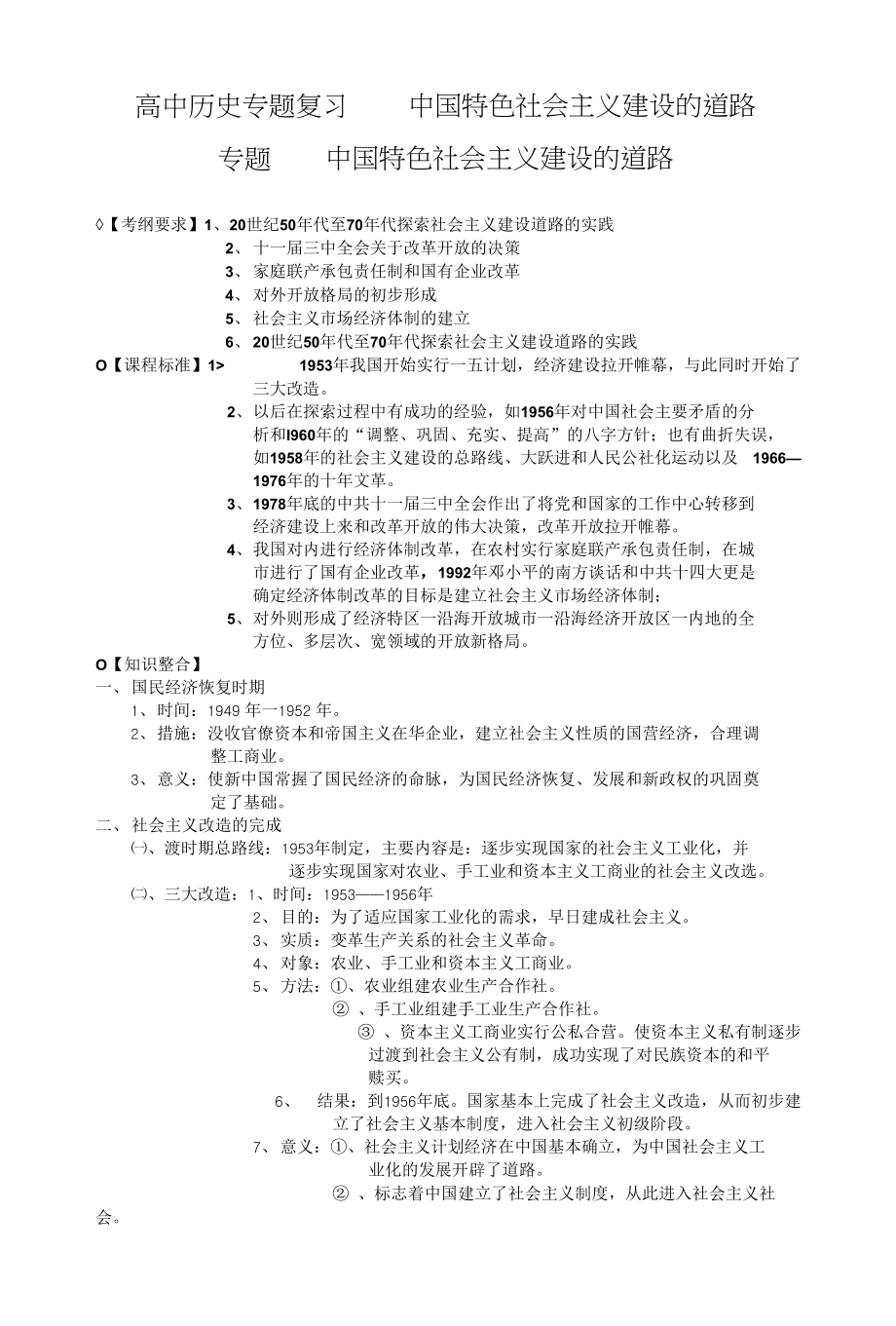 高中历史专题复习——中国特色社会主义建设的道路_第1页