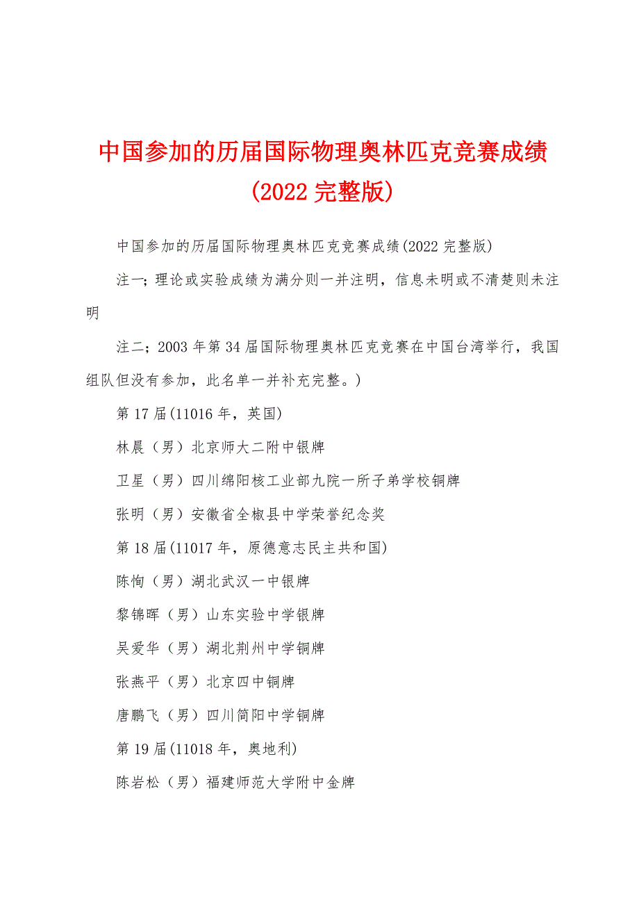 中国参加的历届国际物理奥林匹克竞赛成绩(2022完整版)_第1页