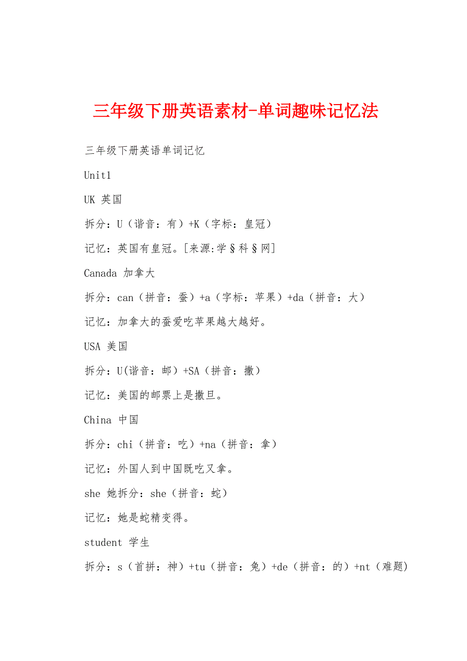 三年级下册英语素材-单词趣味记忆法_第1页
