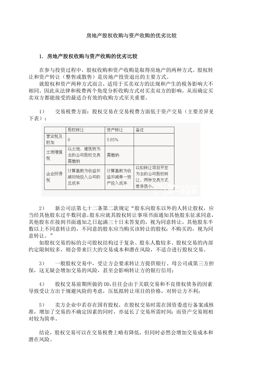 房地产股权收购与资产收购的优劣比较_第1页