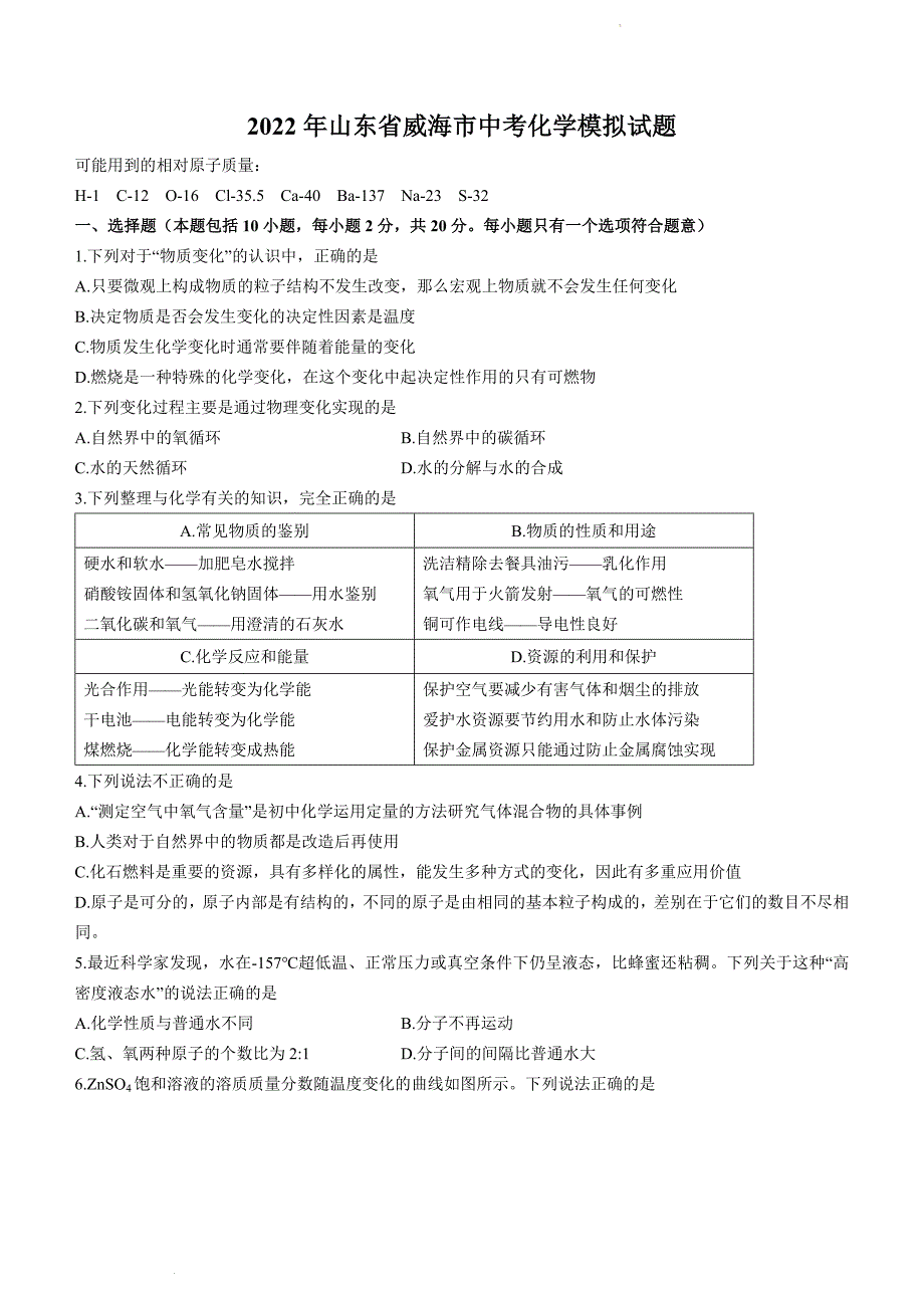 2022年山东省威海市中考化学模拟试题（含答案）_第1页