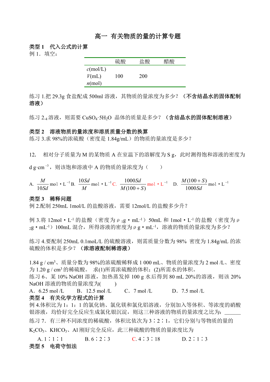 高一化学物质的量的计算专题_第1页