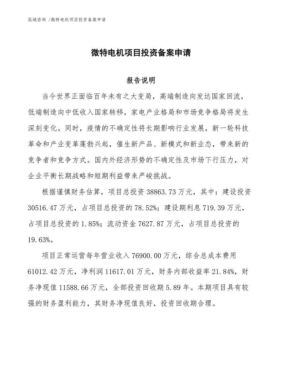 微特电机项目投资备案申请_第1页