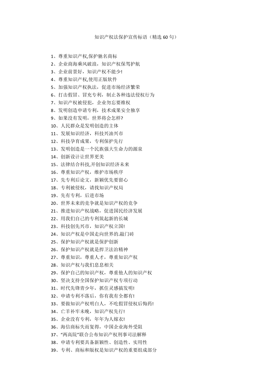 知识产权法保护宣传标语（精选60句）_第1页