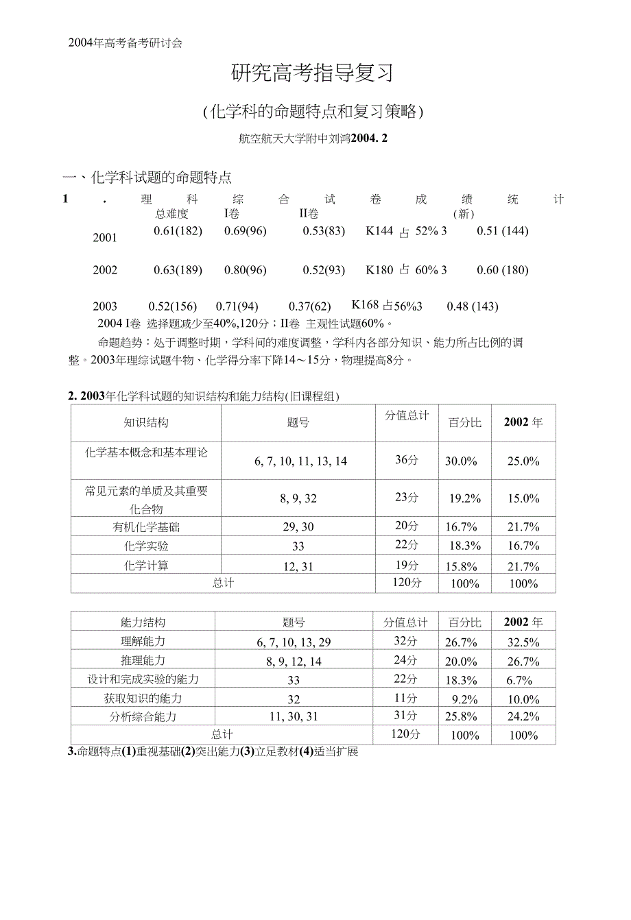 化学科的命题特点和复习策略--理综-刘鸿_第1页