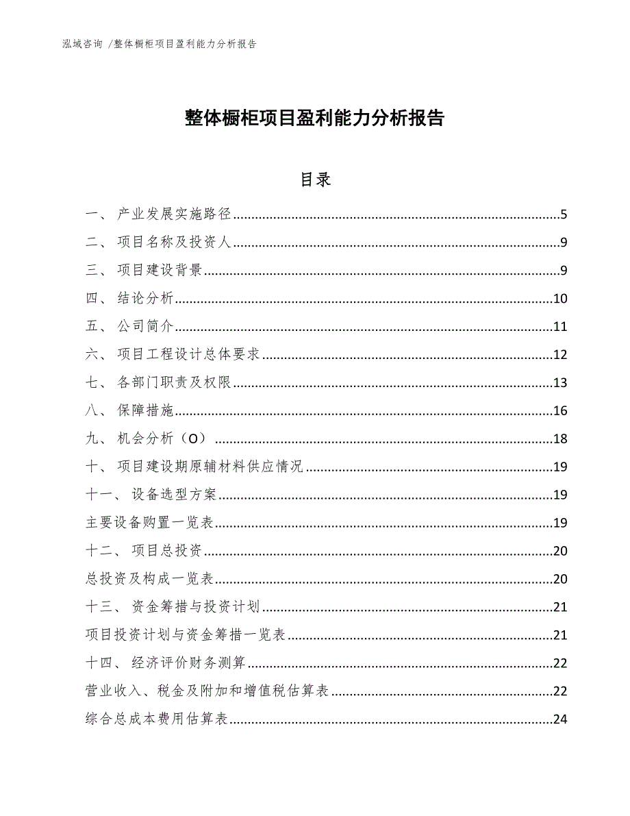 整体橱柜项目盈利能力分析报告参考模板_第1页