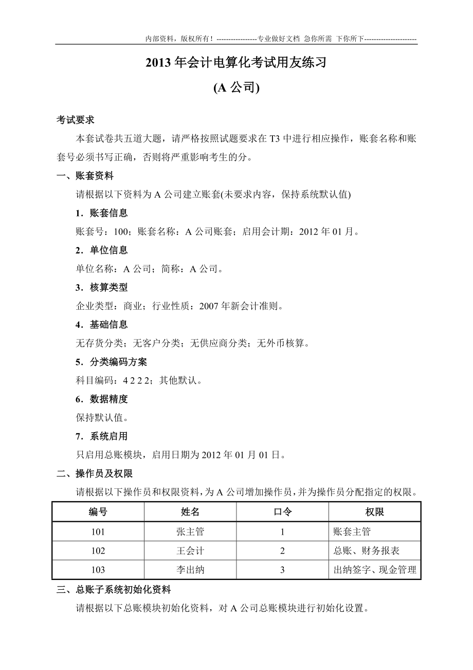 2013年会计电算化考试用友练习(A公司) (1)_第1页