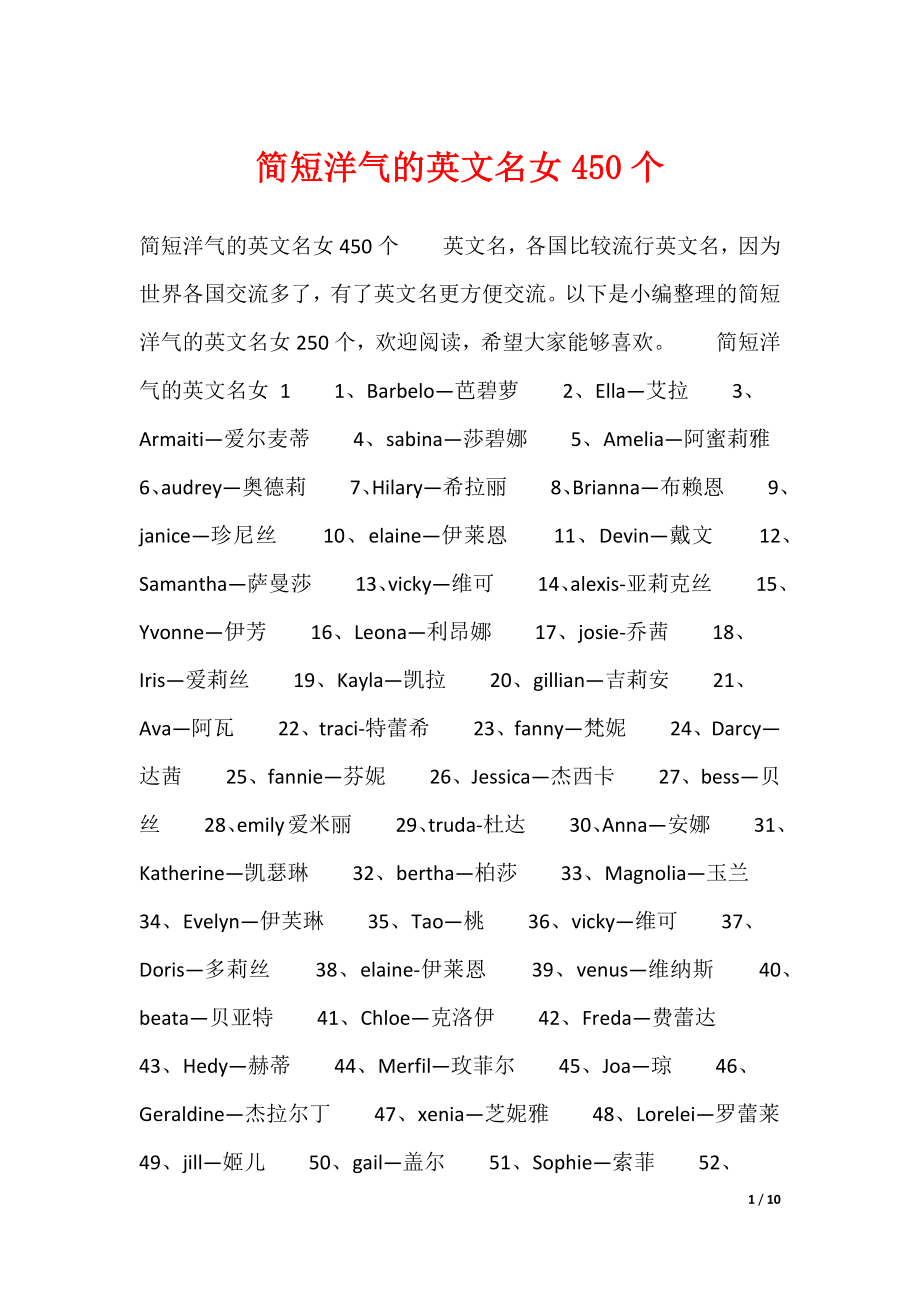 20XX最新简短洋气的英文名女450个_第1页