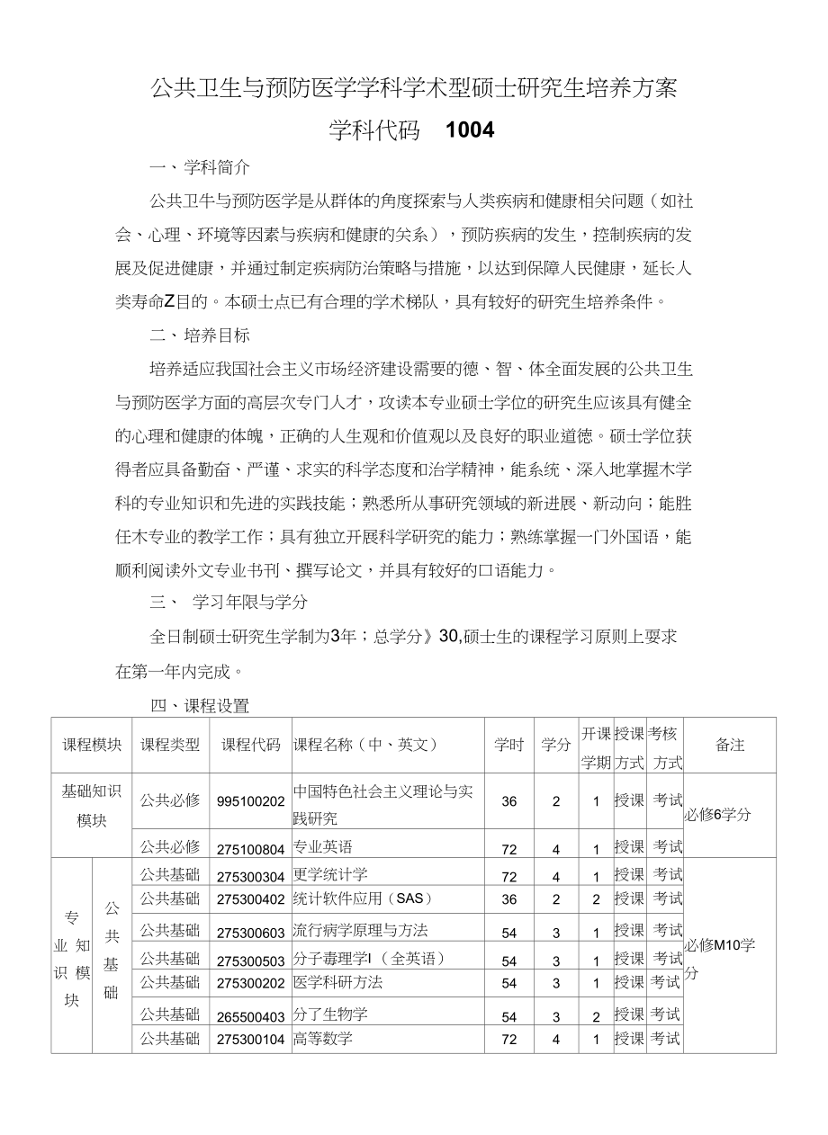 公共卫生与预防医学学科学术型硕士研究生培养方案_第1页