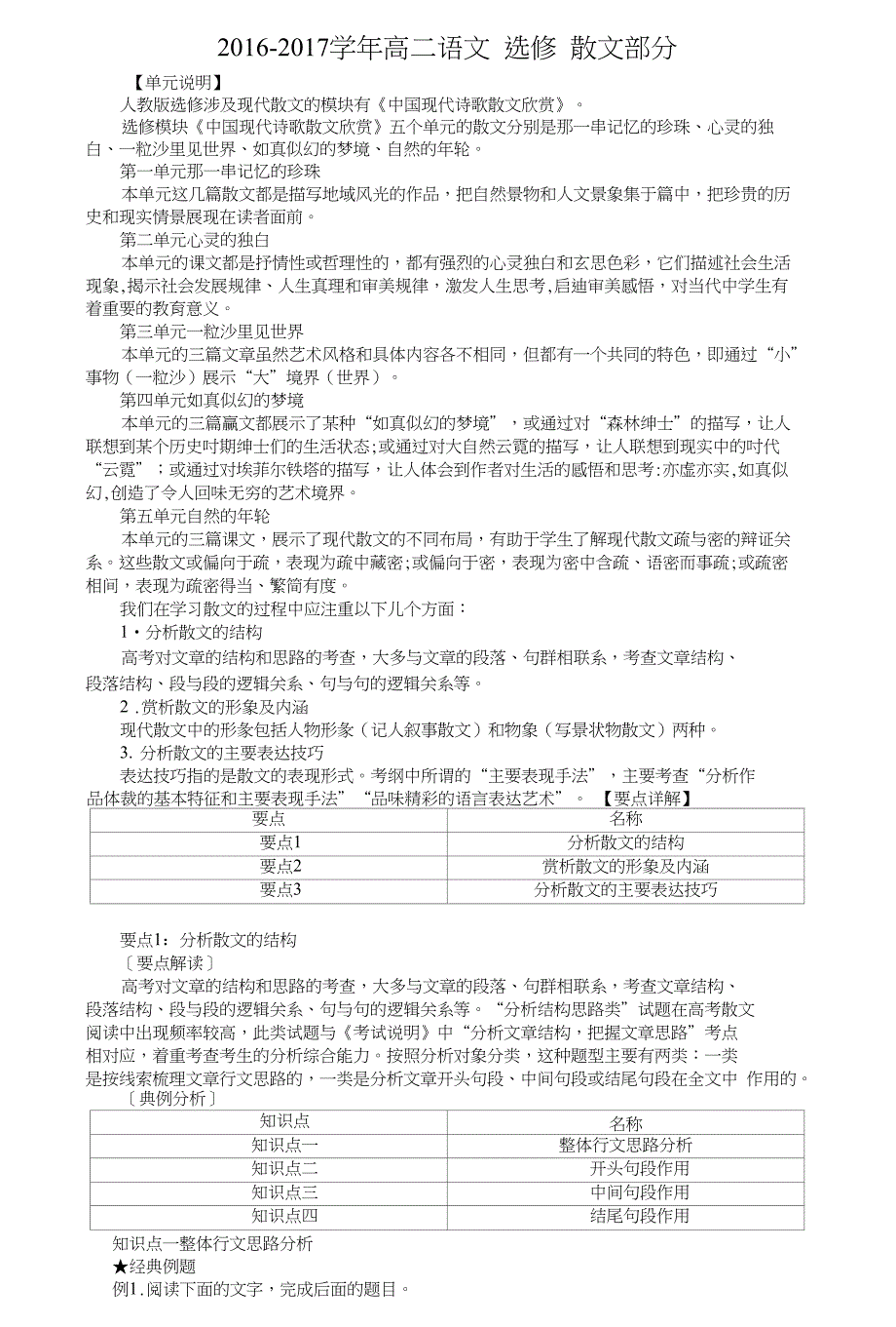 高二语文选修散文部分知识点复习练习含解析_第1页