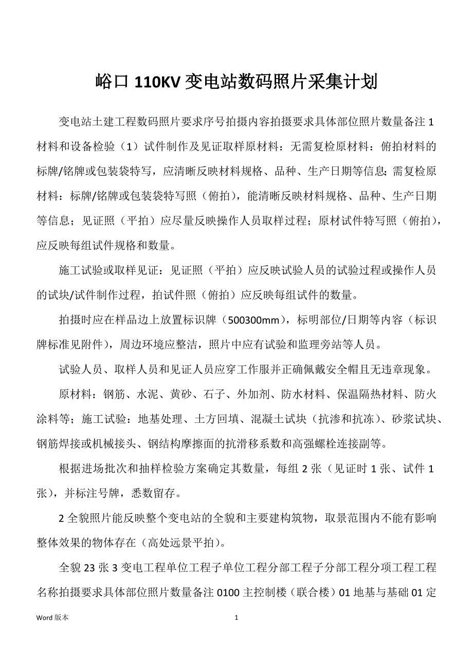 峪口110KV变电站数码照片采集计划_第1页