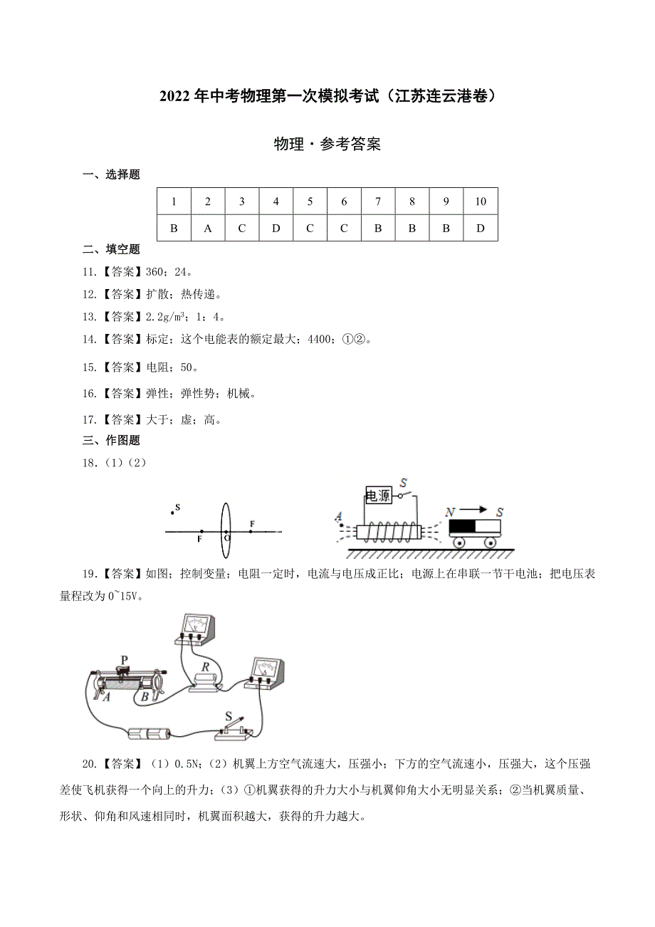 （江苏连云港卷）2022年中考物理第一次模拟考试（参考答案）_第1页