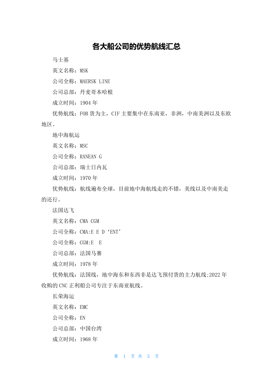 2022年最新的各大船公司的优势航线汇总_第1页