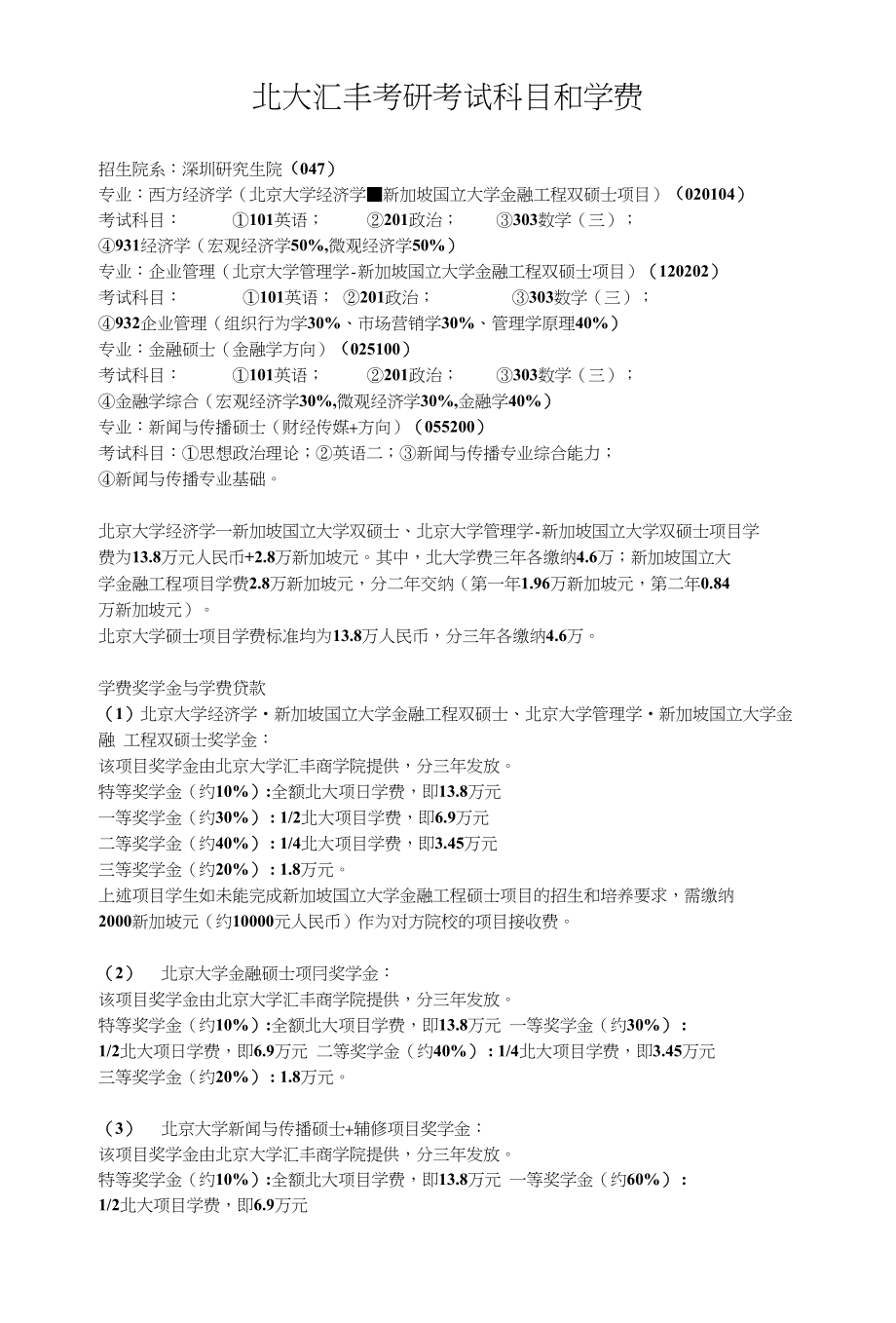 北大汇丰考研考试科目和学费_第1页