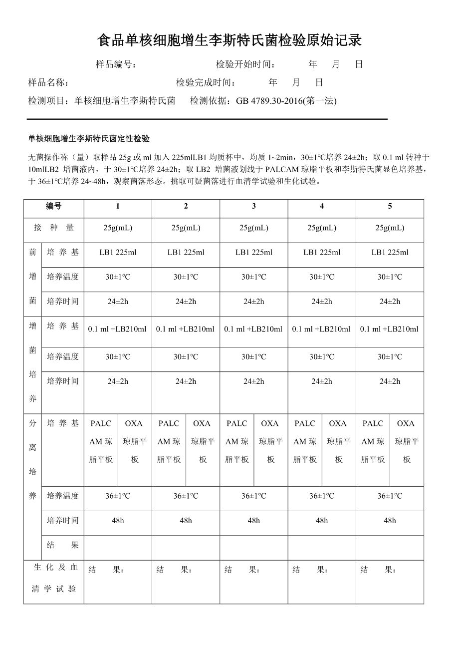 食品单核细胞增生李斯特氏菌检验原始记录_第1页