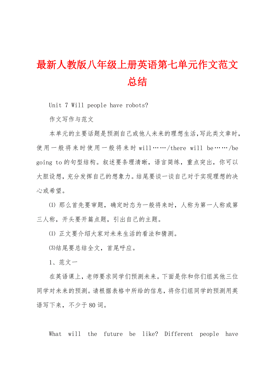 最新人教版八年级上册英语第七单元作文范文总结_第1页