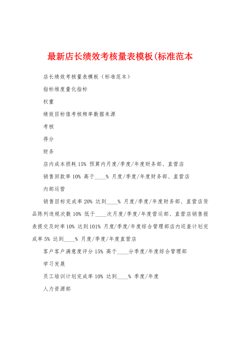 最新店长绩效考核量表模板(标准范本_第1页