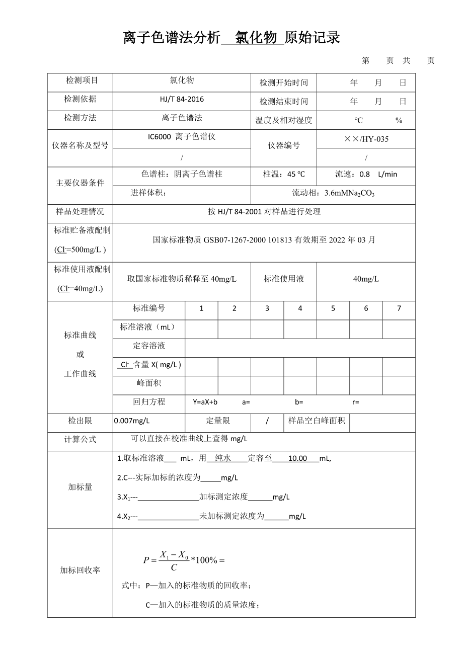 离子色谱法分析氯化物原始记录 (1)_第1页