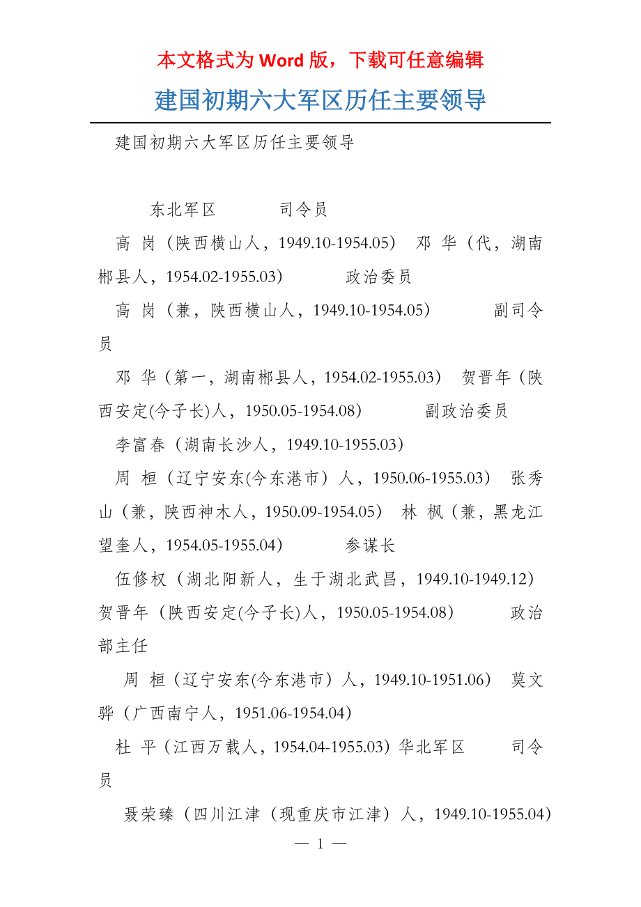 建国初期六大军区历任主要领导_第1页