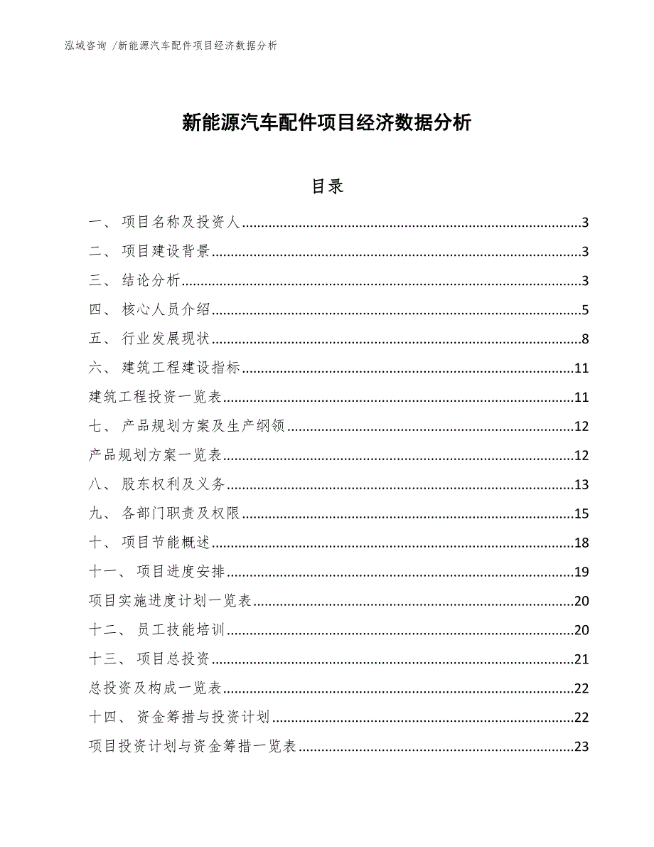 新能源汽车配件项目经济数据分析-参考范文_第1页