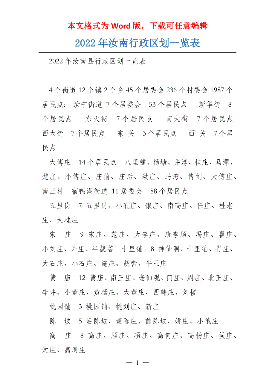 2022年汝南行政区划一览表_第1页