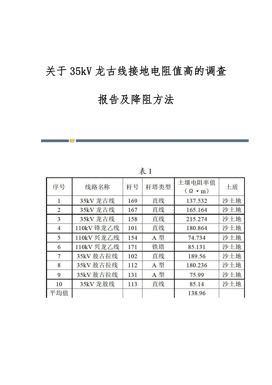 关于35kV龙古线接地电阻值高的调查报告及降阻方法_第1页