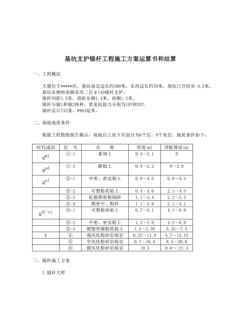 基坑支护锚杆工程施工方案计算书和结算doc_第1页