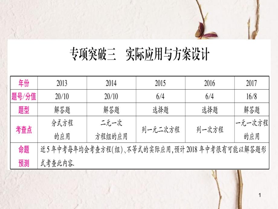 （安徽专版）中考数学总复习第二轮中档题突破专项突破3实际应用与方案设计课件_第1页