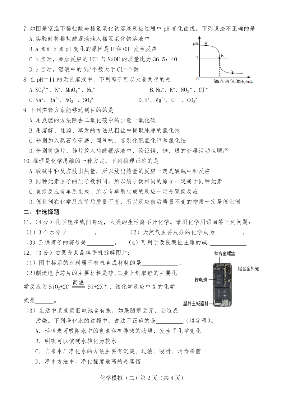 2022年山东省菏泽市巨野县中考模拟化学试题（二）(word版含答案)_第2页