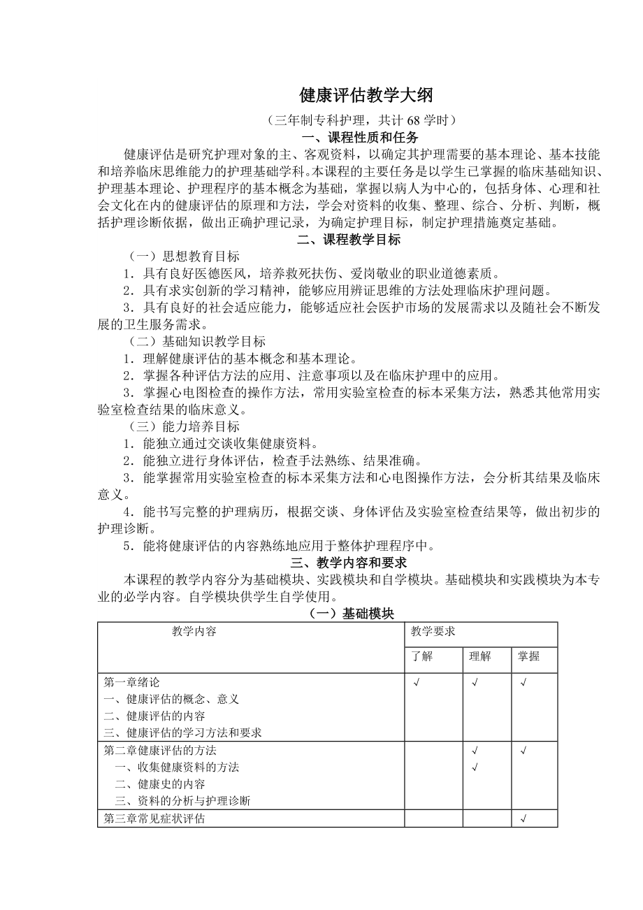 遵义医专三年制护理专业健康评估教学大纲_第1页