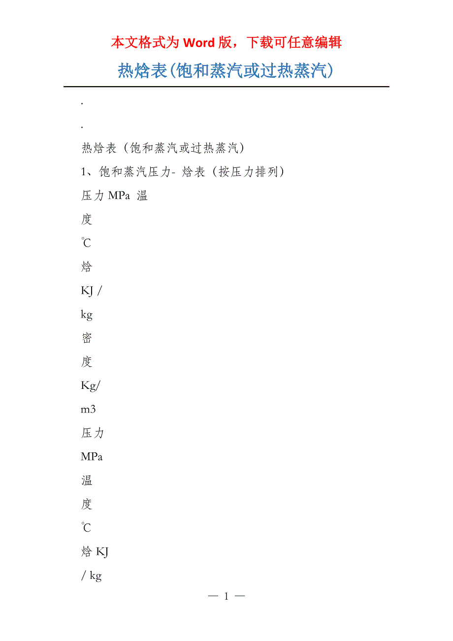 热焓表(饱和蒸汽或过热蒸汽)_第1页