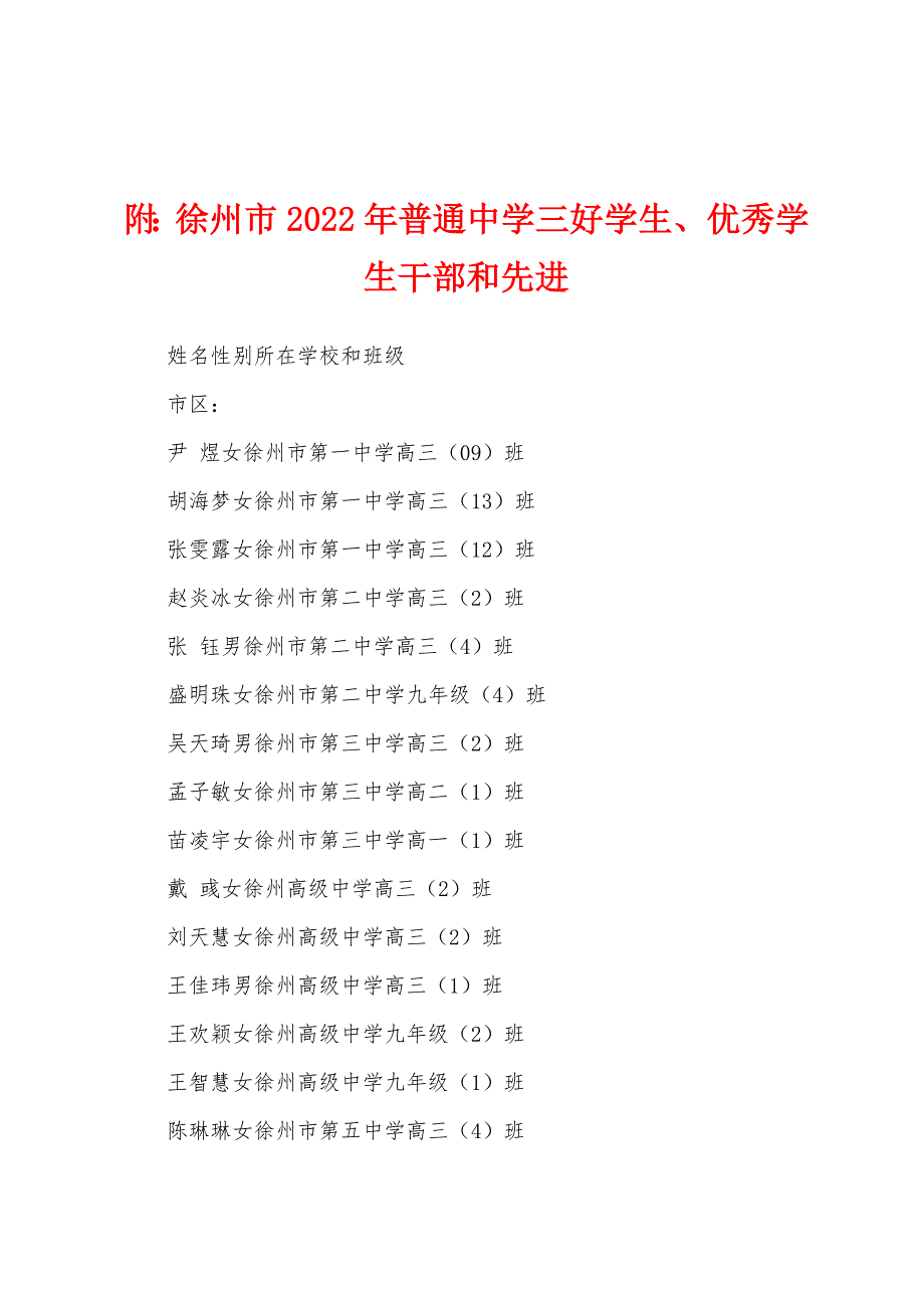 附：徐州市2022年普通中学三好学生、优秀学生干部和先进_第1页
