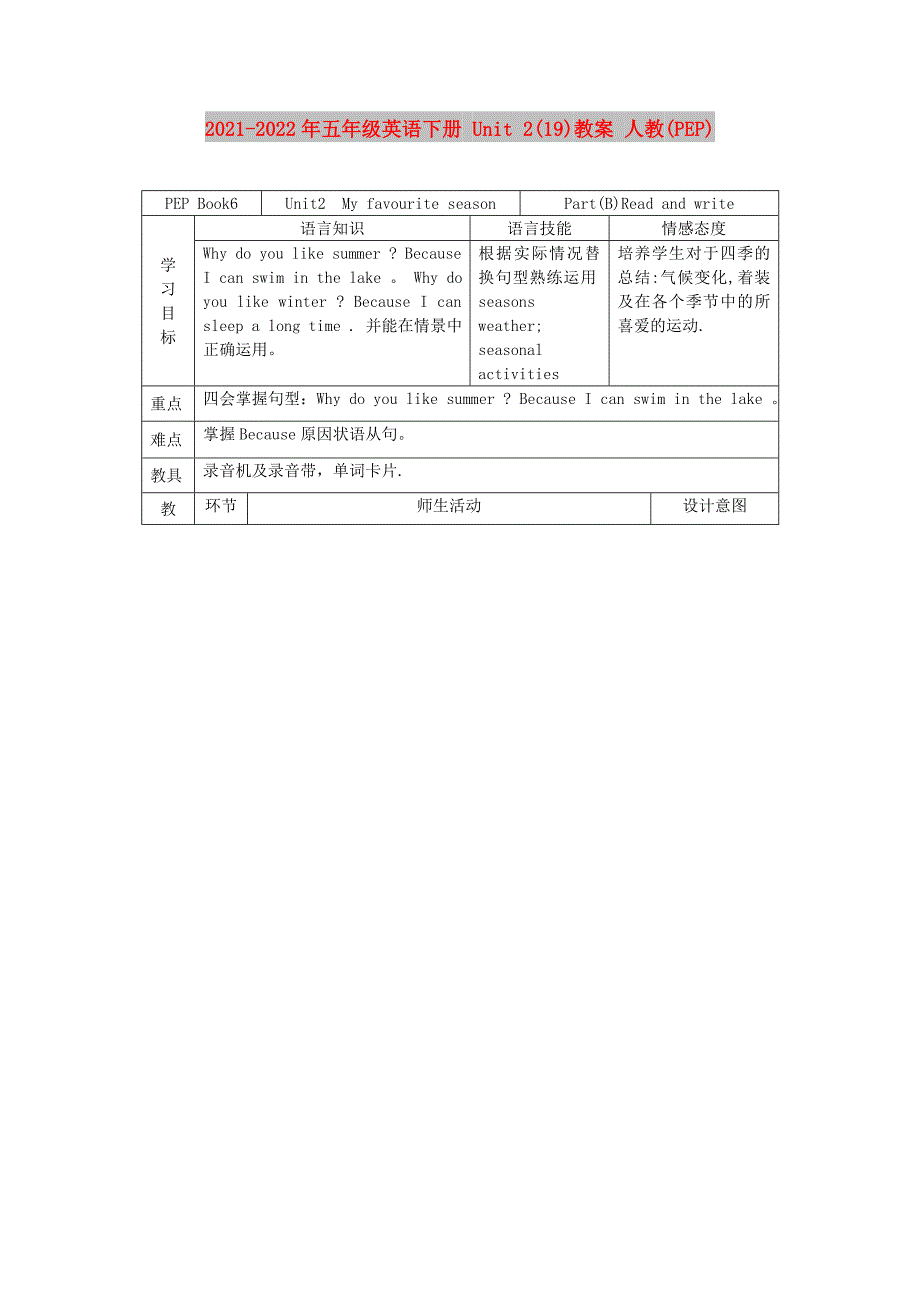 2021-2022年五年级英语下册 Unit 2(19)教案 人教(PEP)_第1页