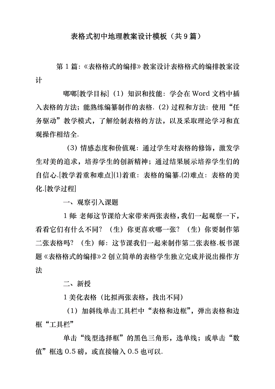 表格式初中地理教案设计模板（共9篇）- 副本_第1页