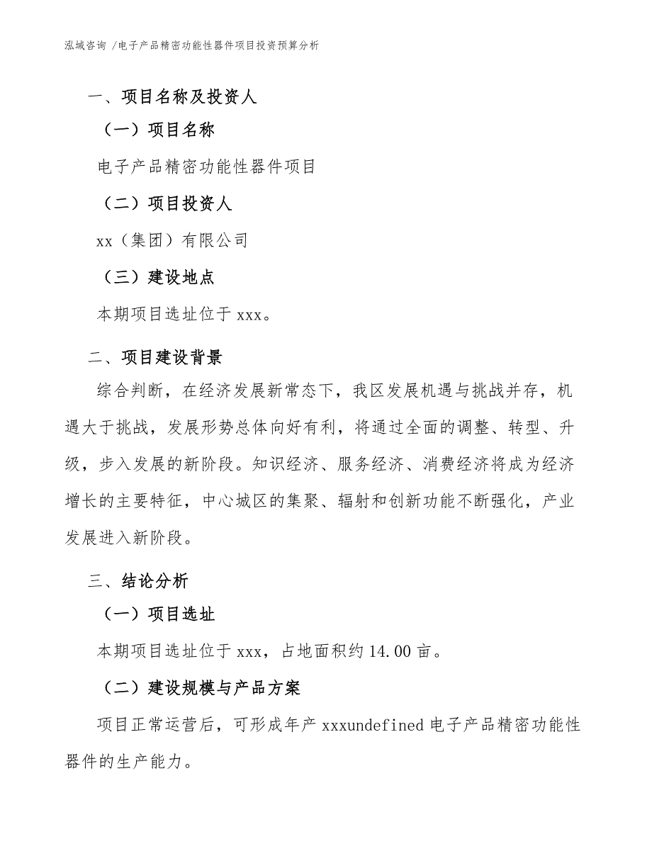 电子产品精密功能性器件项目投资预算分析_参考范文_第4页