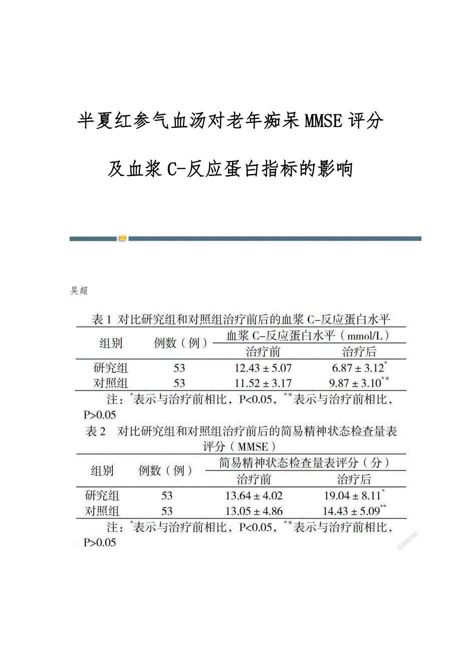 半夏红参气血汤对老年痴呆MMSE评分及血浆C-反应蛋白指标的影响_第1页
