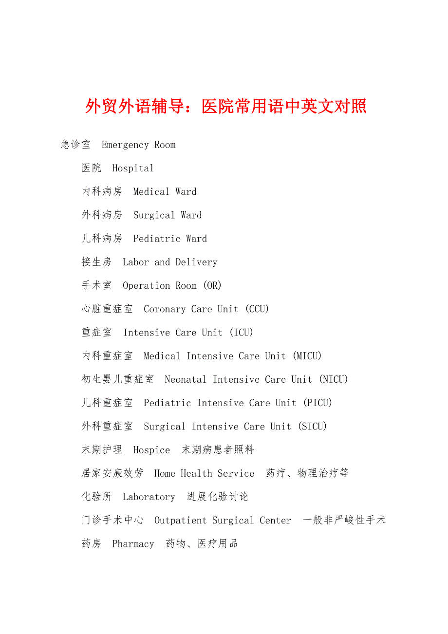 外贸外语辅导：医院常用语中英文对照_第1页