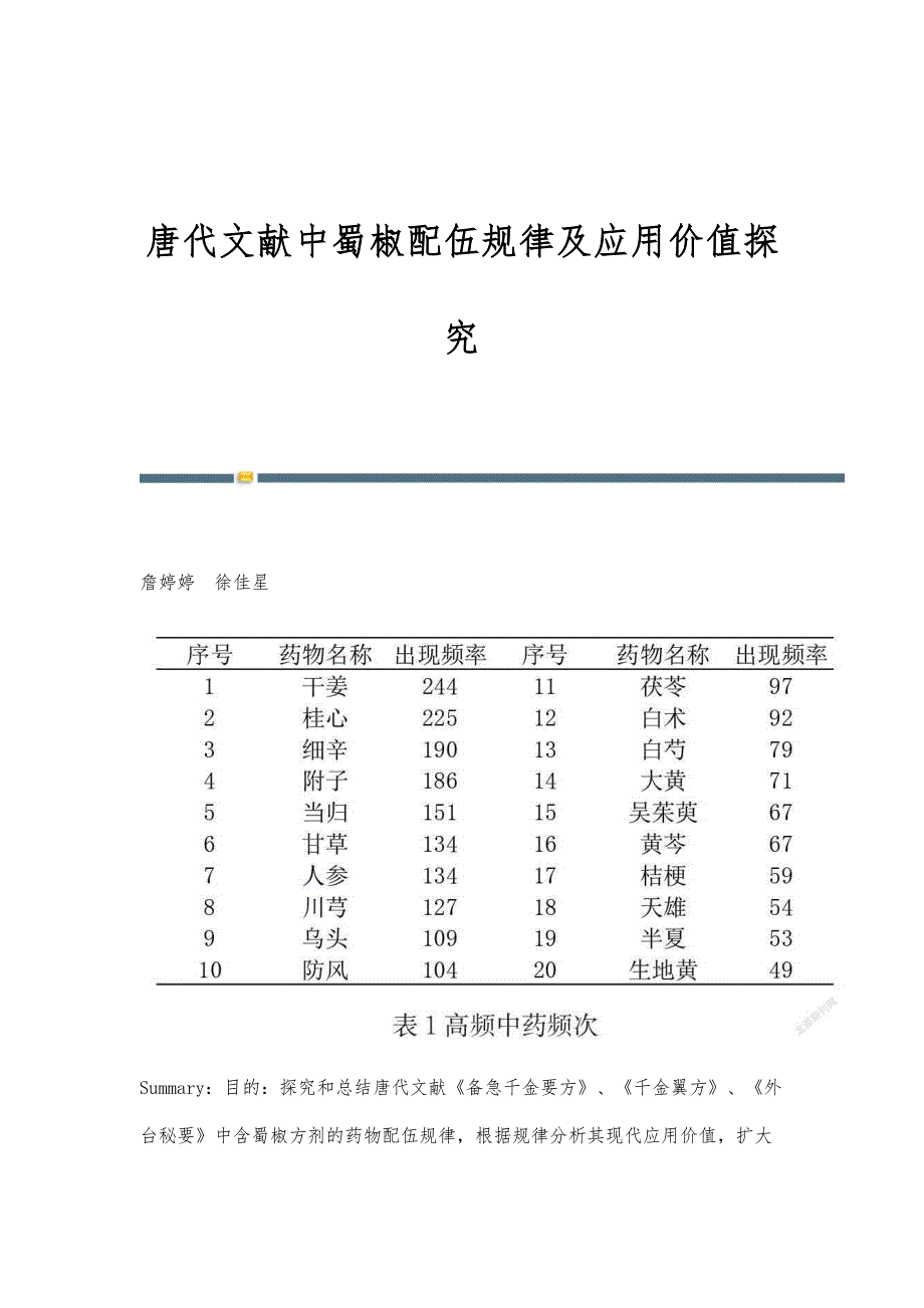 唐代文献中蜀椒配伍规律及应用价值探究_第1页