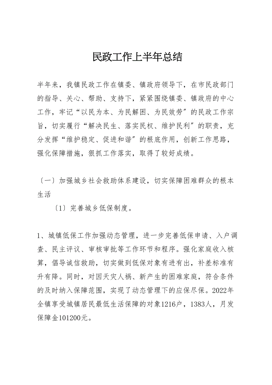 2022年民政工作上半年总结材料_第1页