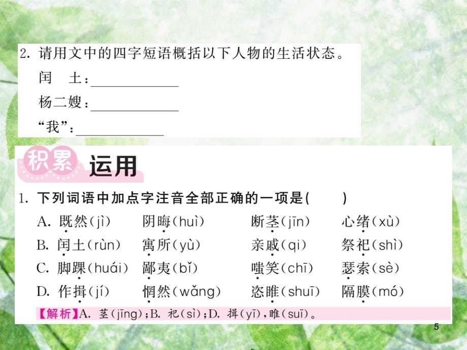 九年级语文上册 第四单元 14 故乡习题优质课件 新人教版_第5页